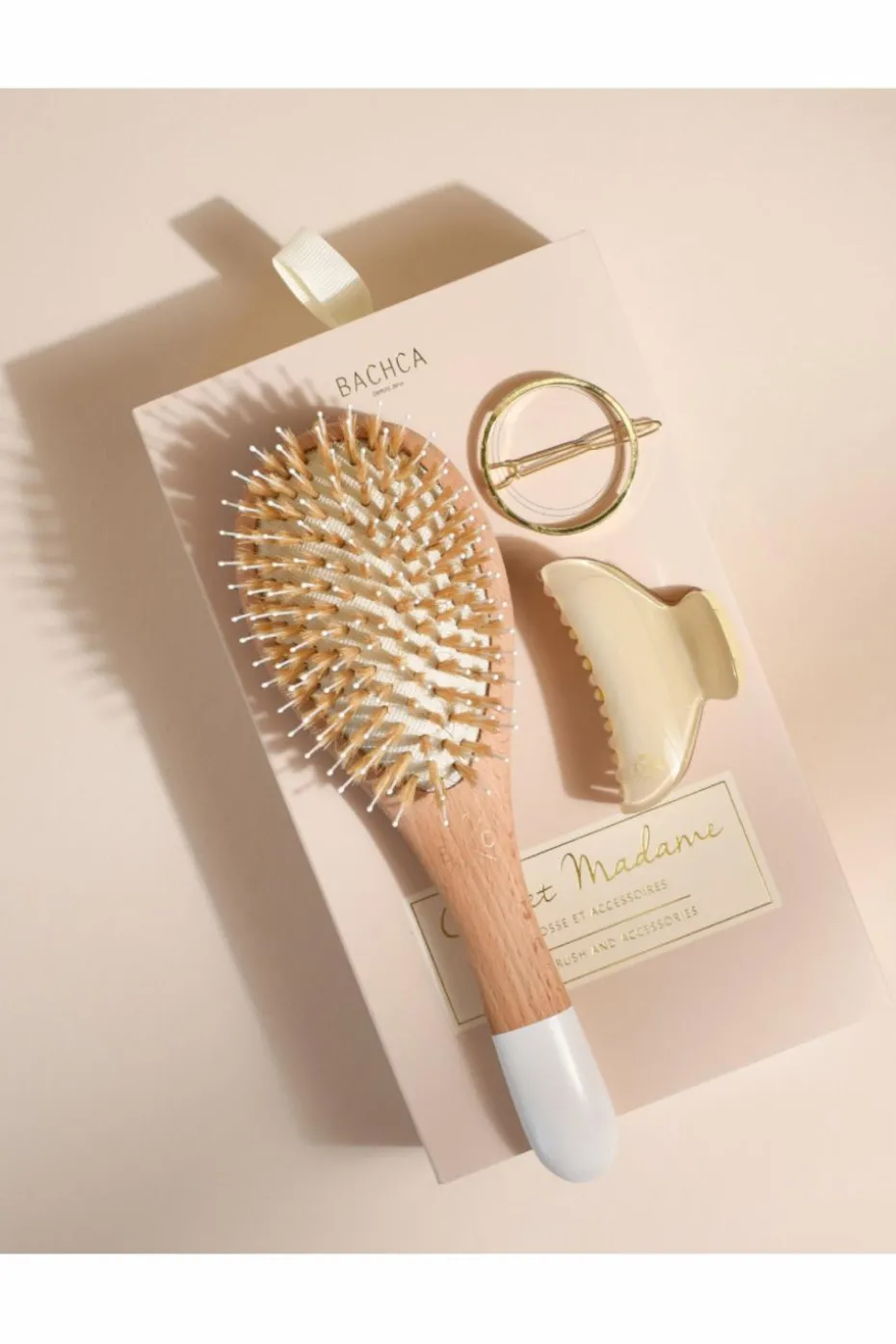 Coffret Madame brosse sanglier nylon, duo de barrettes rondes & pince ivoire
