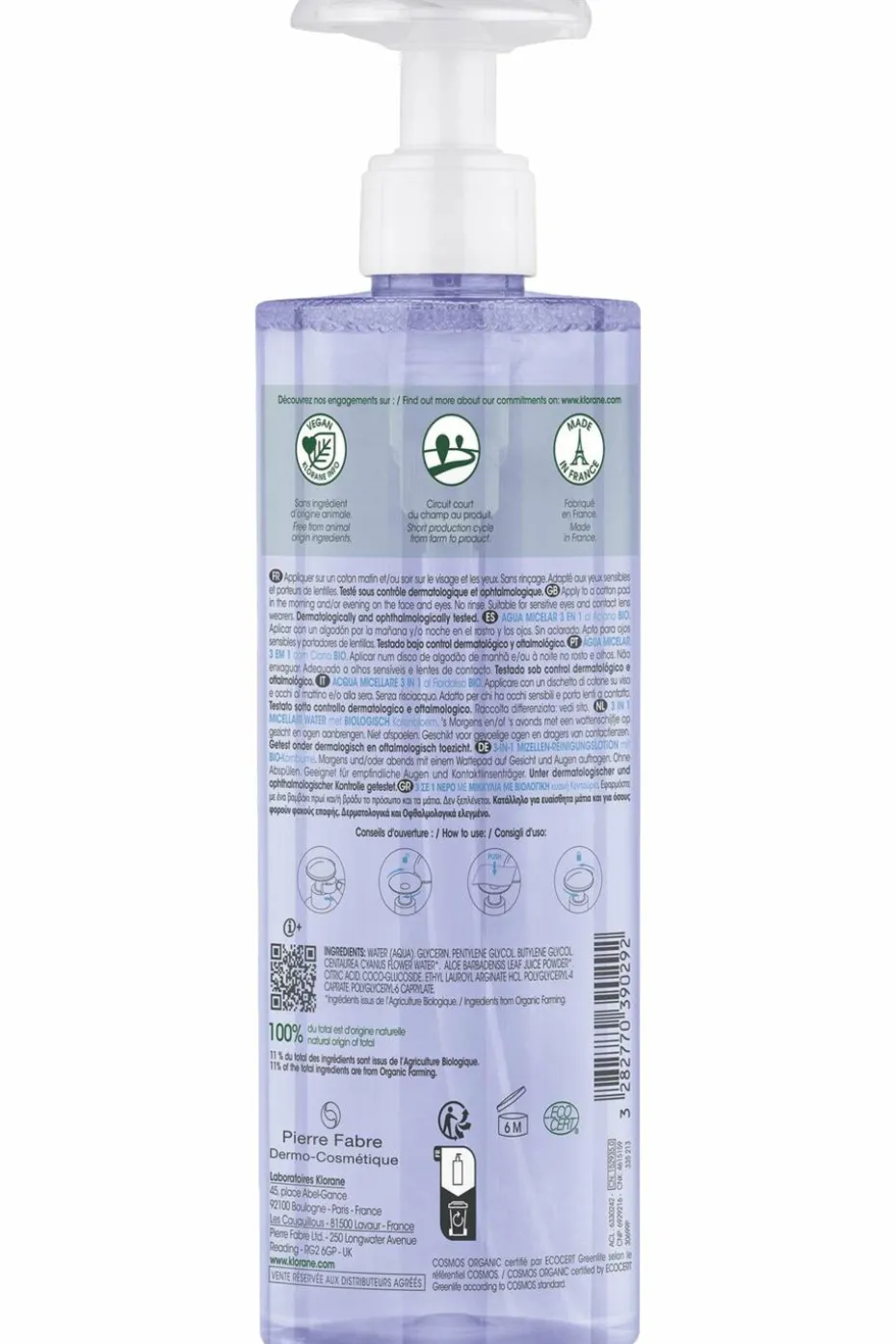 Eau micellaire visage yeux lèvres au bleuet bio