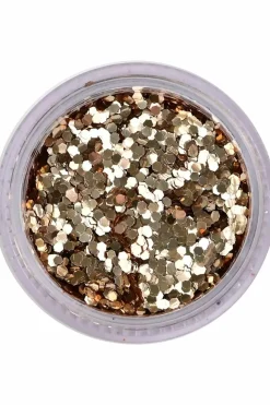 Grandes paillettes dorées visage, corps et ongles