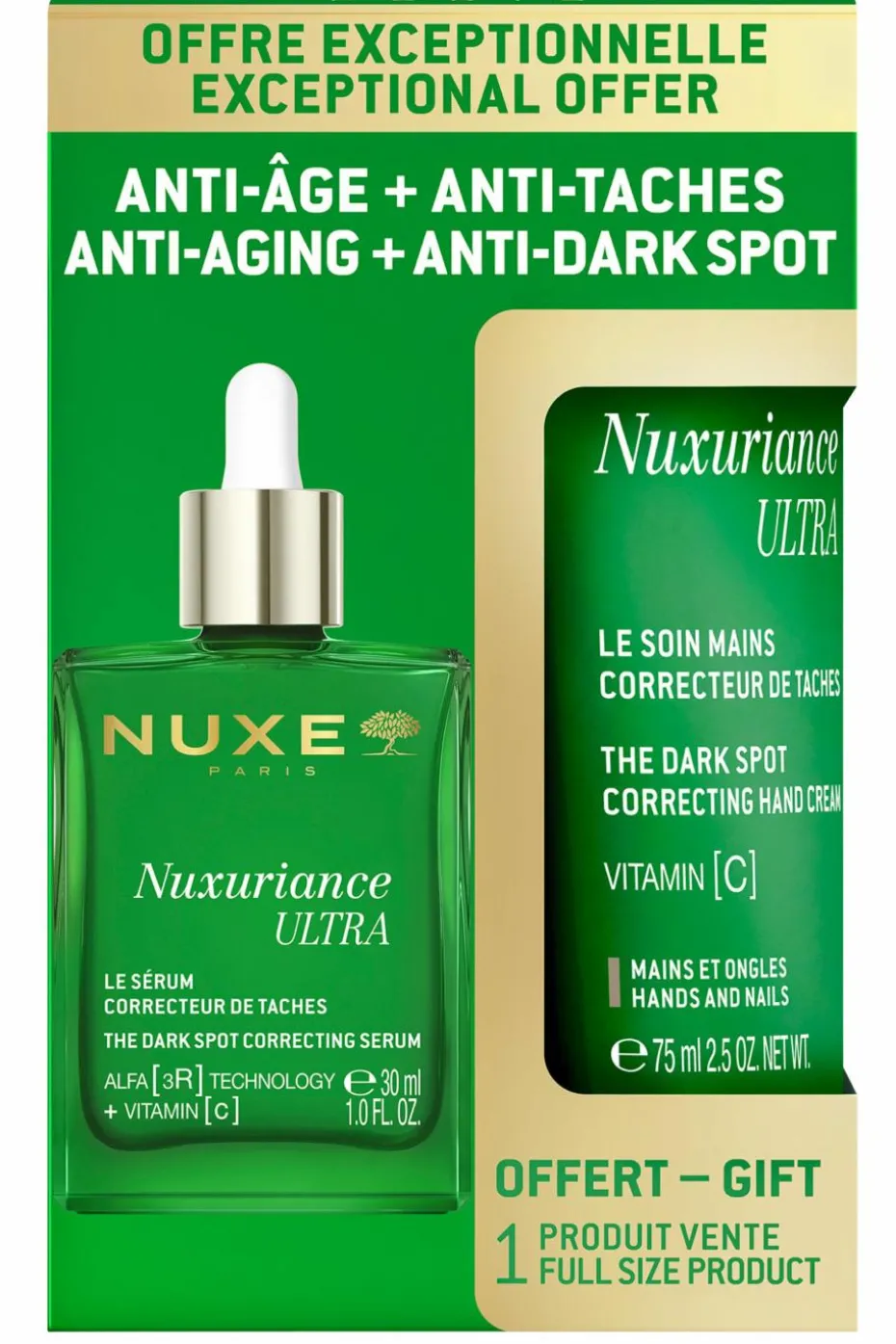 Le duo anti-âge et anti-taches Nuxuriance ultra + Le soin mains correcteur de taches offert